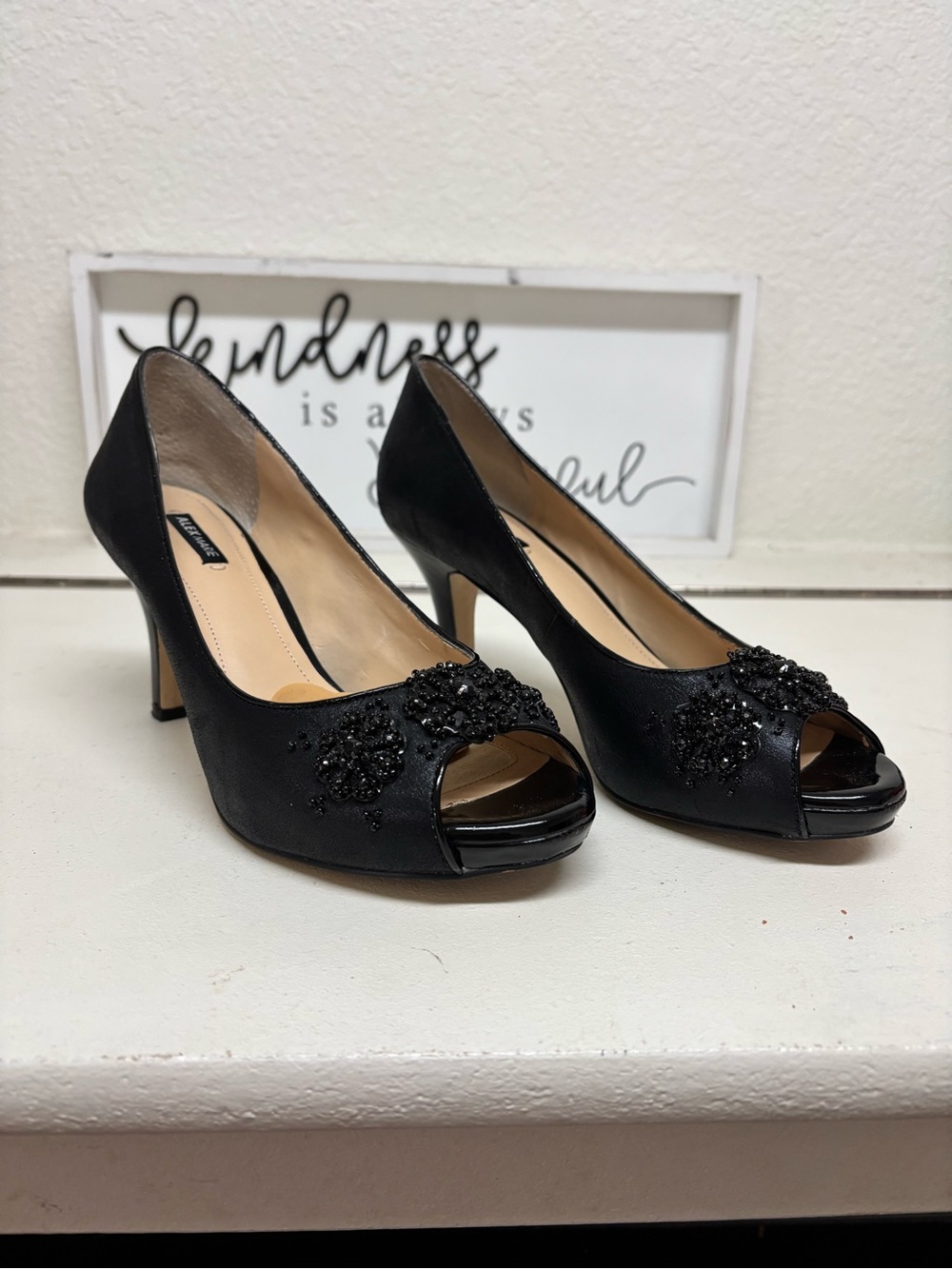 Alex Marie Black Beaded Peep-Toe Heels